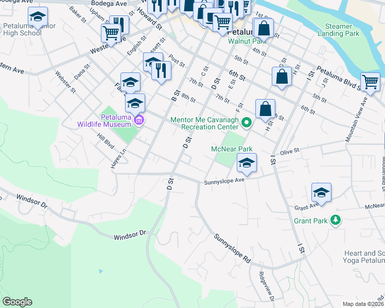 map of restaurants, bars, coffee shops, grocery stores, and more near 999 D Street in Petaluma