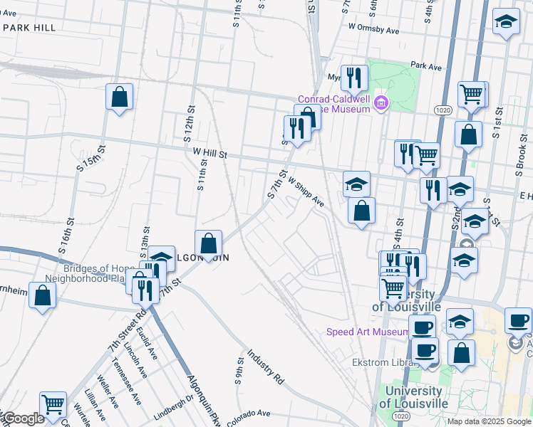 map of restaurants, bars, coffee shops, grocery stores, and more near 630 Jordan Avenue in Louisville