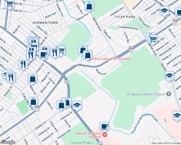 map of restaurants, bars, coffee shops, grocery stores, and more near 1167 Castlevale Drive in Louisville