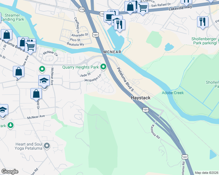 map of restaurants, bars, coffee shops, grocery stores, and more near 3 Jasper Court in Petaluma