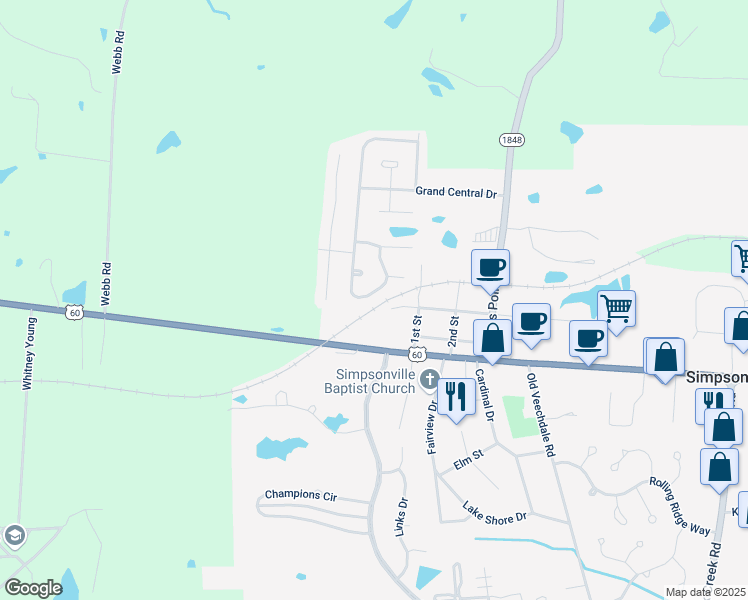 map of restaurants, bars, coffee shops, grocery stores, and more near 188 Lincoln Station Drive in Simpsonville