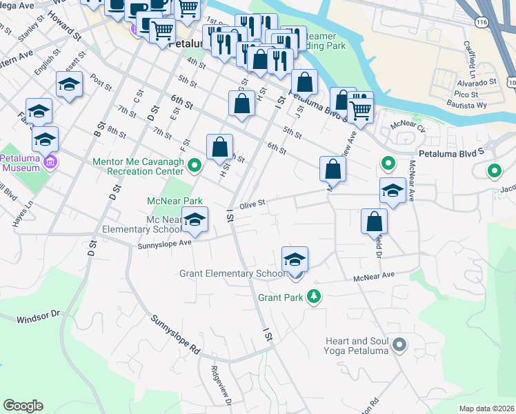 map of restaurants, bars, coffee shops, grocery stores, and more near 800 Olive Street in Petaluma