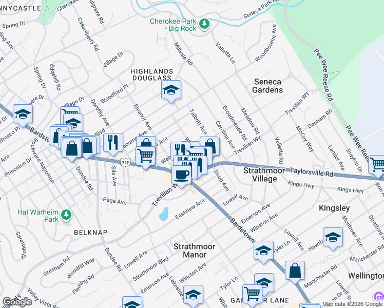 map of restaurants, bars, coffee shops, grocery stores, and more near 2514 Wallace Avenue in Louisville