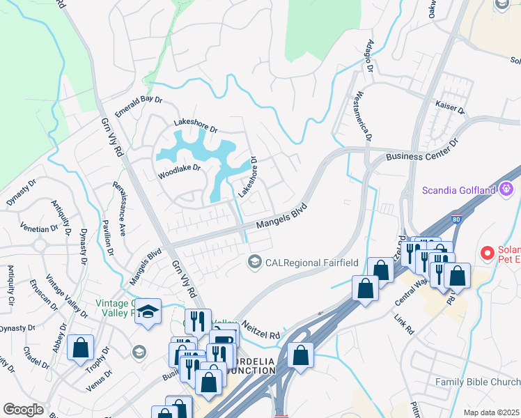 map of restaurants, bars, coffee shops, grocery stores, and more near 684 Julmar Circle in Fairfield