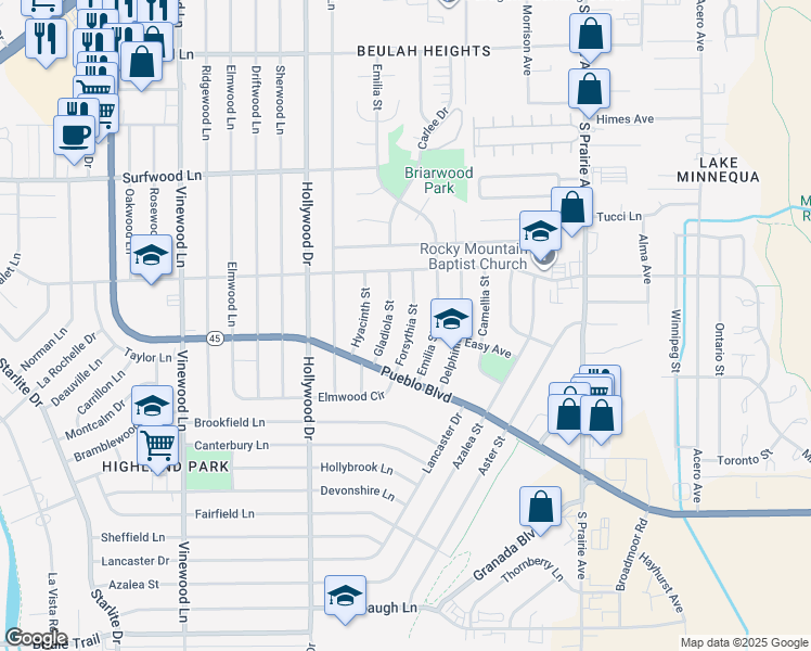 map of restaurants, bars, coffee shops, grocery stores, and more near 2591 Forsythia Street in Pueblo