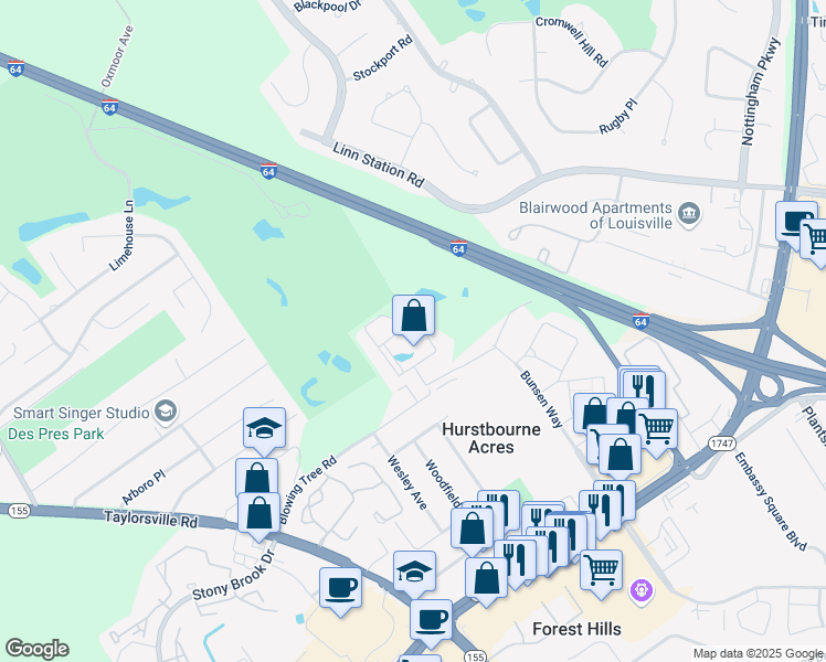 map of restaurants, bars, coffee shops, grocery stores, and more near 1901 Integrity Way in Louisville