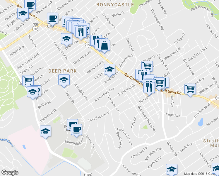 map of restaurants, bars, coffee shops, grocery stores, and more near 1913 Rutherford Avenue in Louisville