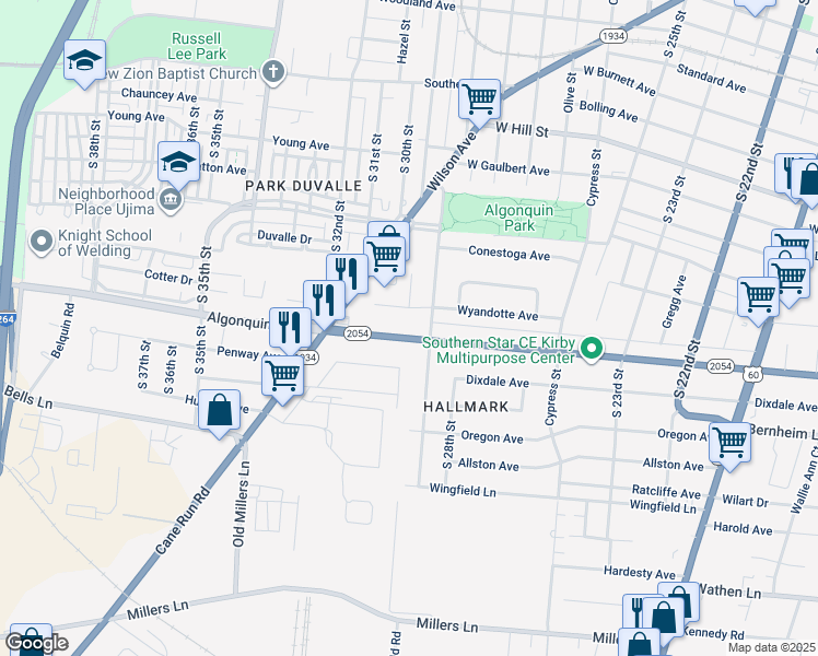 map of restaurants, bars, coffee shops, grocery stores, and more near 2711 Algonquin Parkway in Louisville