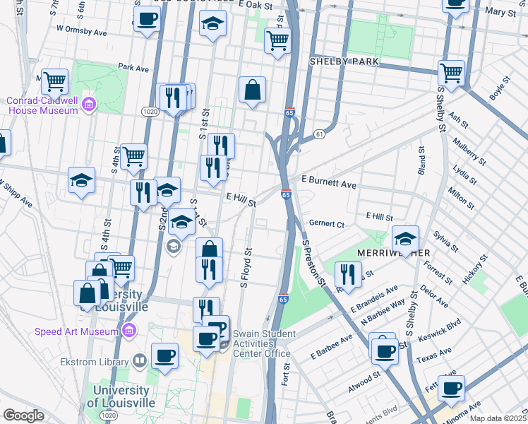 map of restaurants, bars, coffee shops, grocery stores, and more near 301 East Gaulbert Avenue in Louisville