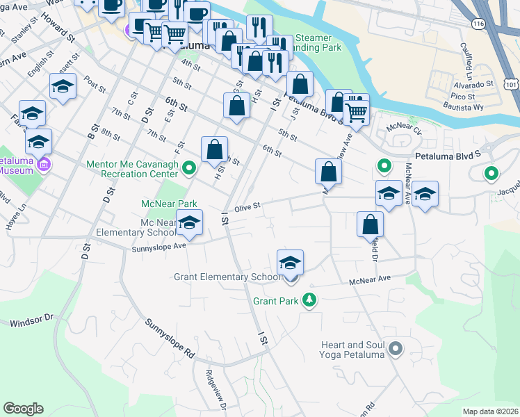 map of restaurants, bars, coffee shops, grocery stores, and more near 800 Olive Street in Petaluma