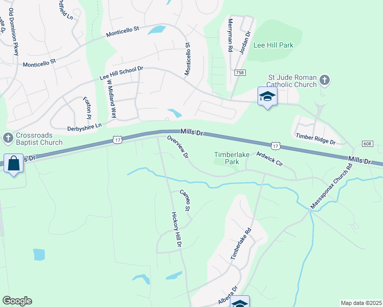 map of restaurants, bars, coffee shops, grocery stores, and more near 3811 Overview Drive in Fredericksburg