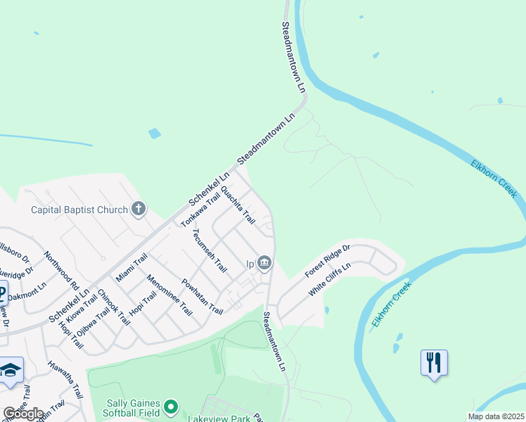 map of restaurants, bars, coffee shops, grocery stores, and more near 108 Quachita Trail in Frankfort