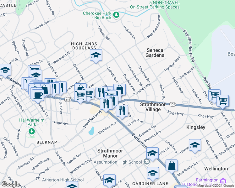 map of restaurants, bars, coffee shops, grocery stores, and more near 2515 Wallace Avenue in Louisville