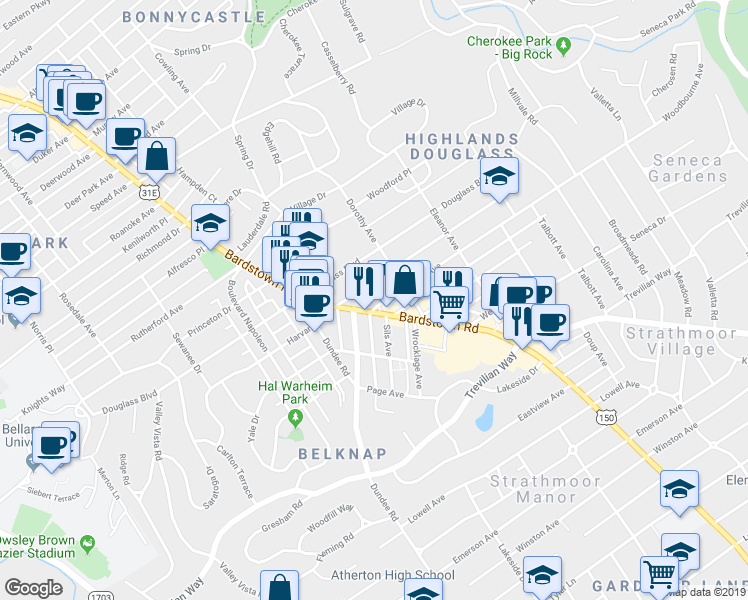 map of restaurants, bars, coffee shops, grocery stores, and more near 2012 Woodbourne Avenue in Louisville