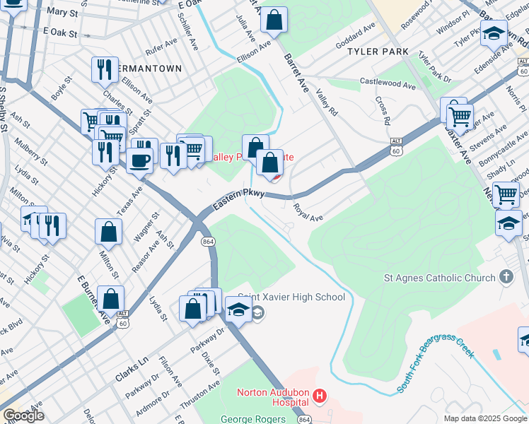 map of restaurants, bars, coffee shops, grocery stores, and more near 1160 1/2 Castlevale Drive in Louisville