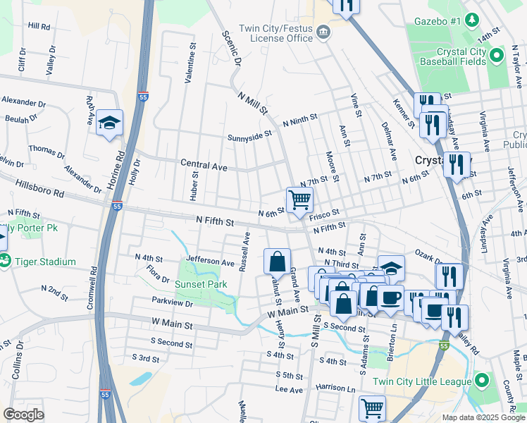 map of restaurants, bars, coffee shops, grocery stores, and more near 602 Ridge Avenue in Festus