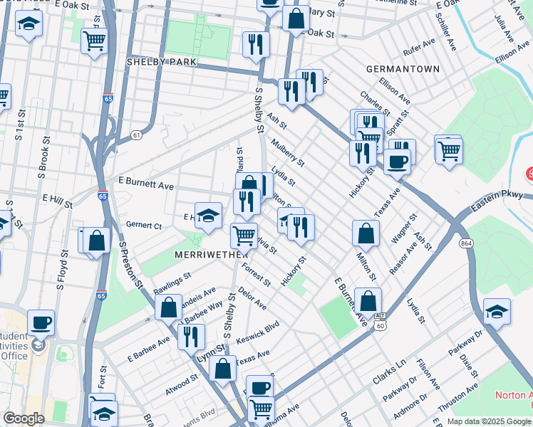 map of restaurants, bars, coffee shops, grocery stores, and more near 817 East Burnett Avenue in Louisville