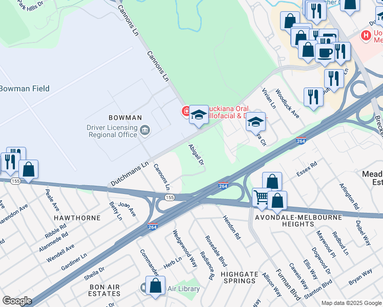 map of restaurants, bars, coffee shops, grocery stores, and more near 2906 Abigail Drive in Louisville