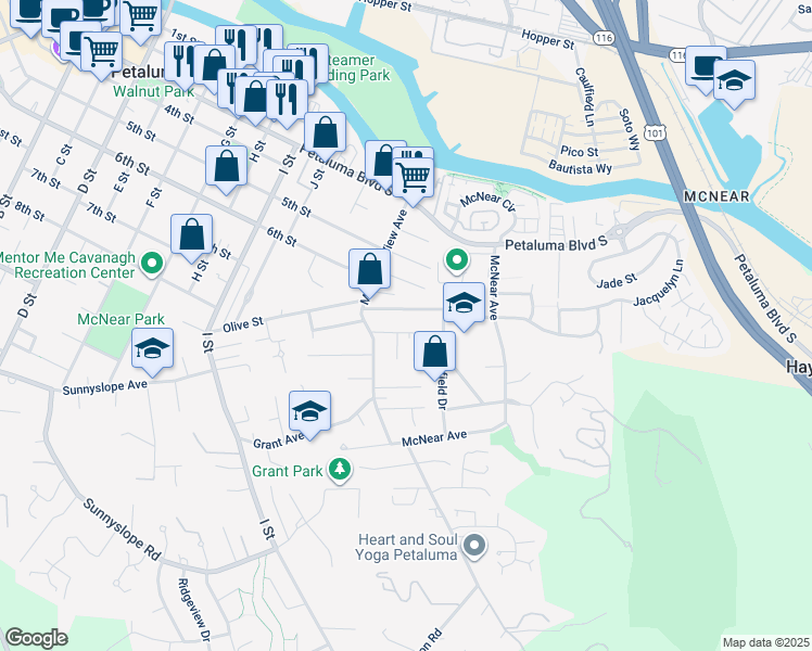map of restaurants, bars, coffee shops, grocery stores, and more near 23 Meadowglen Drive in Petaluma