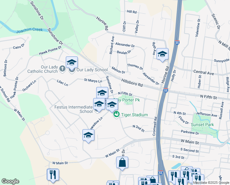 map of restaurants, bars, coffee shops, grocery stores, and more near 500 Sunshine Drive in Festus