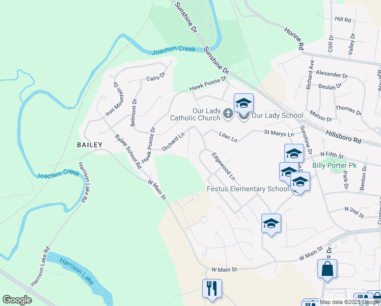 map of restaurants, bars, coffee shops, grocery stores, and more near 616 Rosemary Lane in Festus