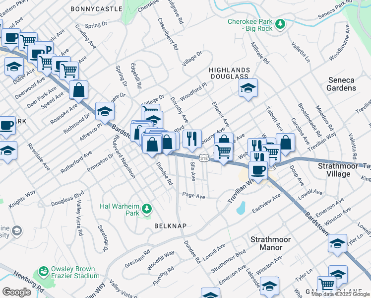 map of restaurants, bars, coffee shops, grocery stores, and more near 2005 Woodbourne Avenue in Louisville