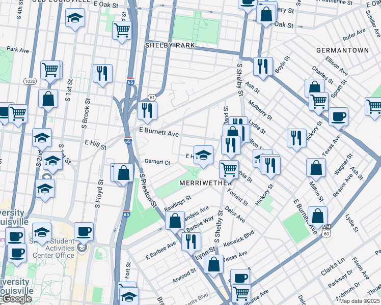 map of restaurants, bars, coffee shops, grocery stores, and more near 619 East Hill Street in Louisville