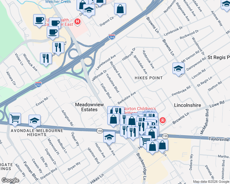 map of restaurants, bars, coffee shops, grocery stores, and more near 2819 Esther Boulevard in Louisville