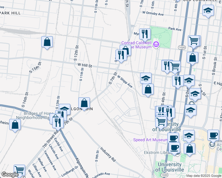 map of restaurants, bars, coffee shops, grocery stores, and more near 630 Jordan Avenue in Louisville