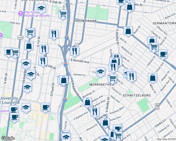 map of restaurants, bars, coffee shops, grocery stores, and more near 1458 South Hancock Street in Louisville
