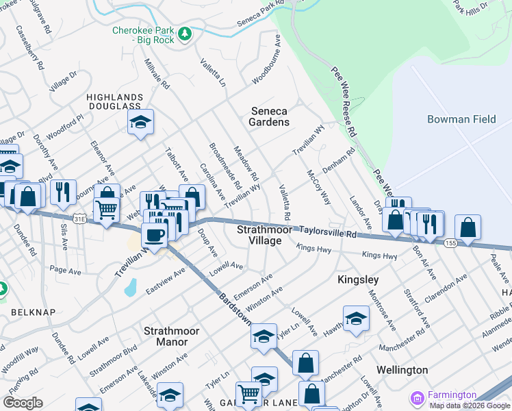 map of restaurants, bars, coffee shops, grocery stores, and more near 2615 Broadmeade Rd in Louisville