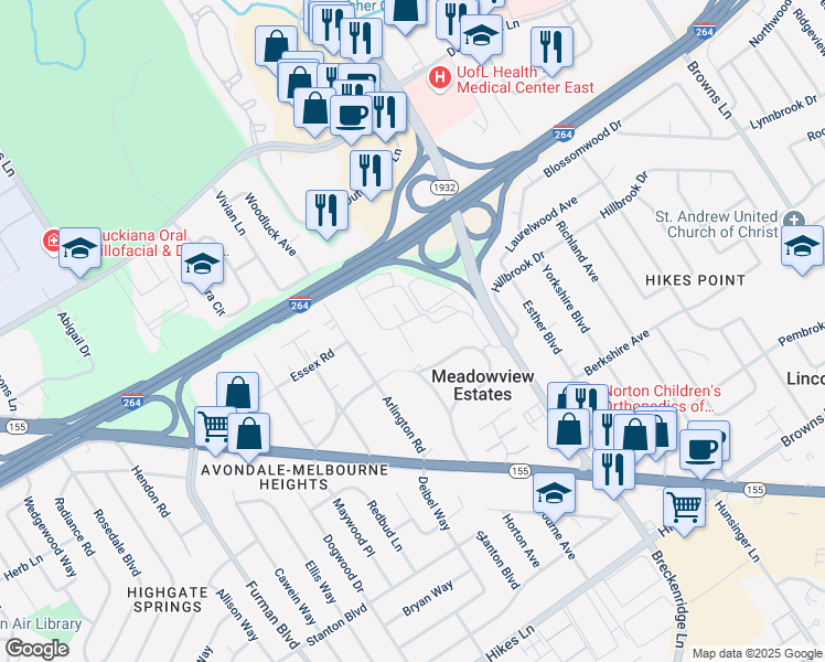 map of restaurants, bars, coffee shops, grocery stores, and more near 84 Breckinridge Square in Louisville