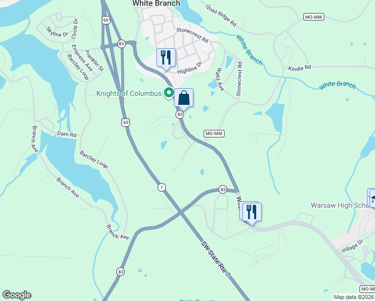 map of restaurants, bars, coffee shops, grocery stores, and more near 31989 Chesapeake Drive in Warsaw