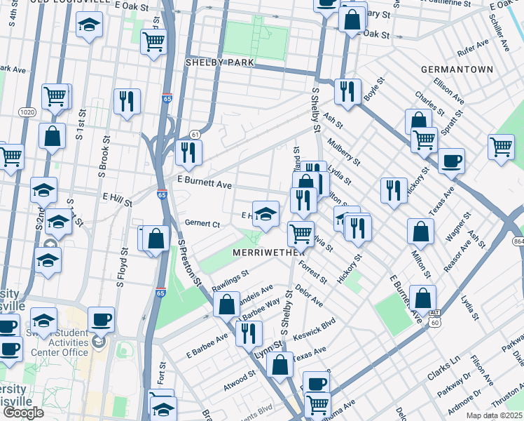 map of restaurants, bars, coffee shops, grocery stores, and more near 619 East Hill Street in Louisville