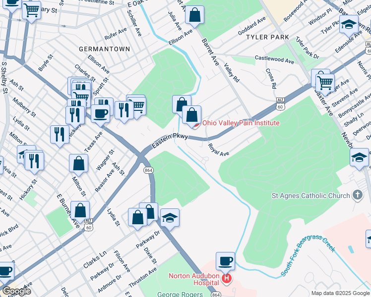 map of restaurants, bars, coffee shops, grocery stores, and more near 1160 1/2 Castlevale Drive in Louisville