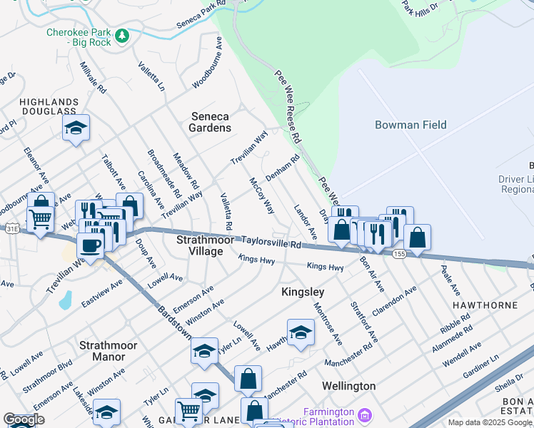 map of restaurants, bars, coffee shops, grocery stores, and more near 2628 McCoy Way in Louisville