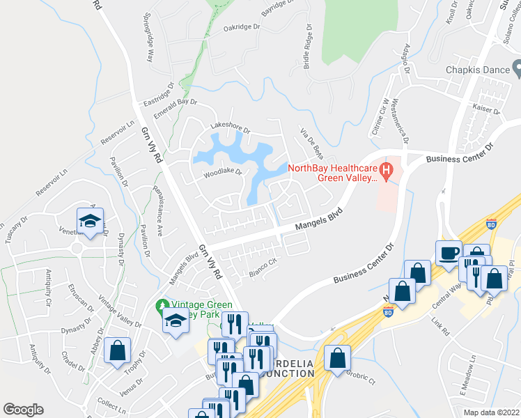 map of restaurants, bars, coffee shops, grocery stores, and more near 514 Vintage Springs Court in Fairfield