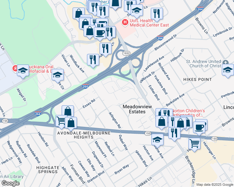 map of restaurants, bars, coffee shops, grocery stores, and more near 84 Breckinridge Square in Louisville