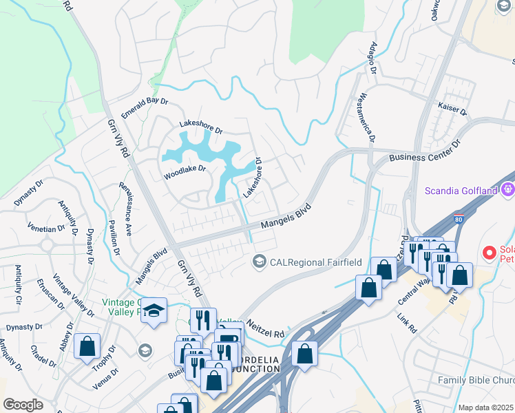map of restaurants, bars, coffee shops, grocery stores, and more near 684 Julmar Circle in Fairfield