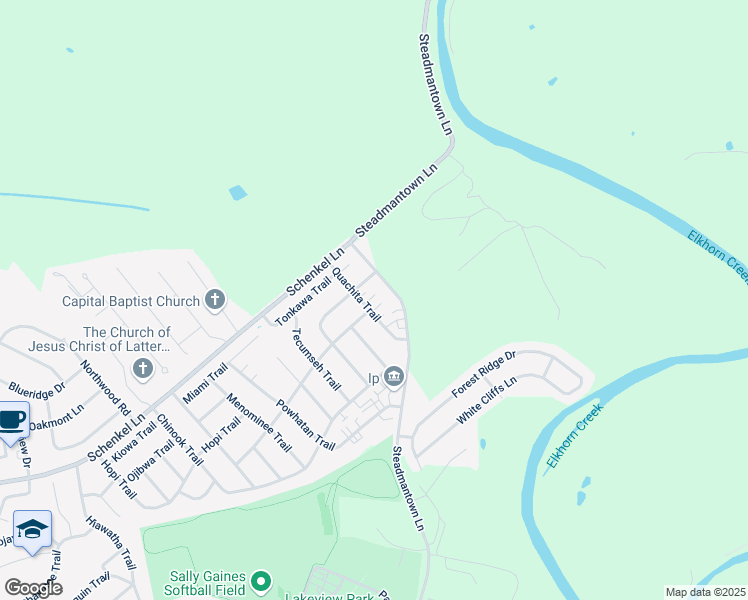 map of restaurants, bars, coffee shops, grocery stores, and more near 108 Quachita Trail in Frankfort