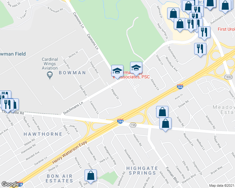 map of restaurants, bars, coffee shops, grocery stores, and more near 2913 Abigail Drive in Louisville