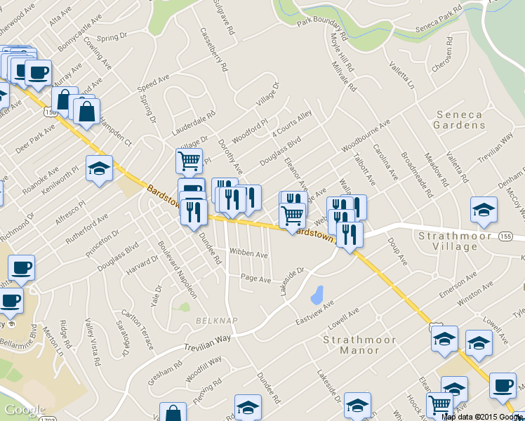 map of restaurants, bars, coffee shops, grocery stores, and more near in Louisville