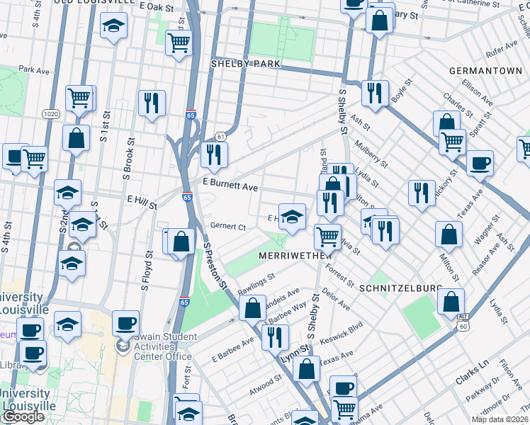 map of restaurants, bars, coffee shops, grocery stores, and more near 619 East Hill Street in Louisville