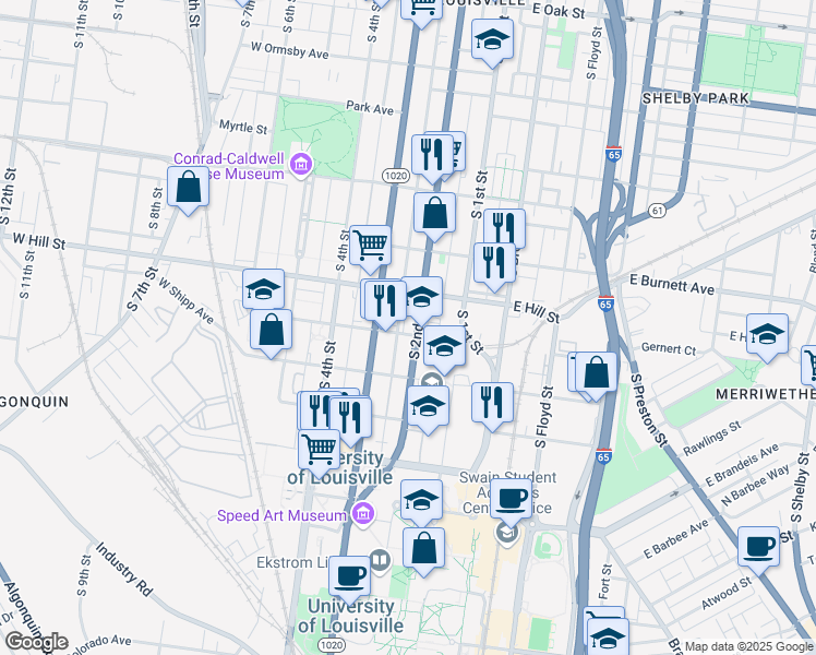 map of restaurants, bars, coffee shops, grocery stores, and more near 11 West Gaulbert Avenue in Louisville