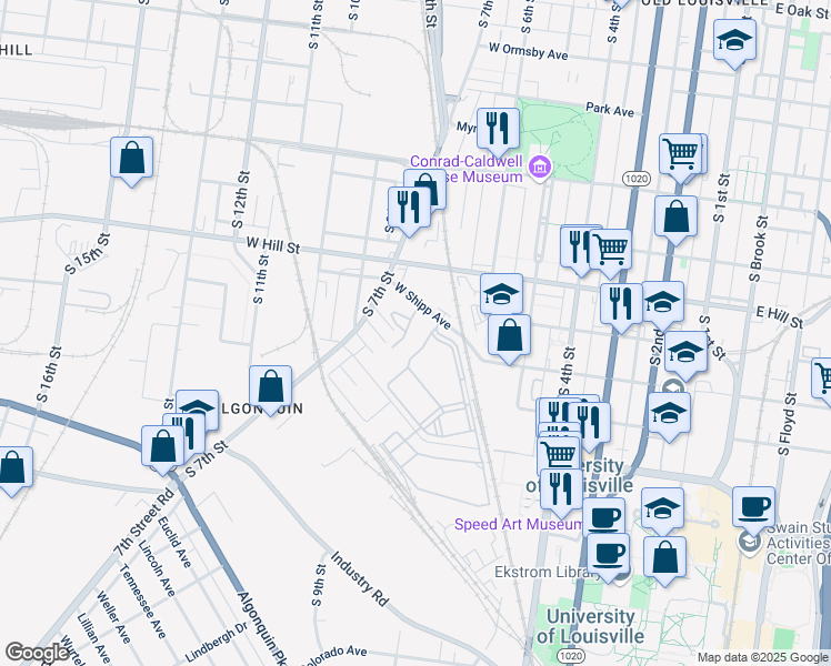 map of restaurants, bars, coffee shops, grocery stores, and more near 1501 Bellamy Place in Louisville