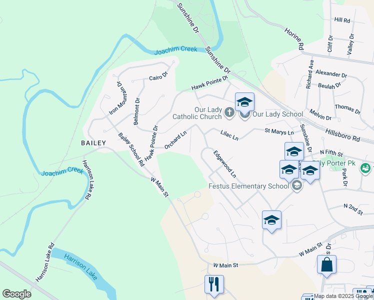 map of restaurants, bars, coffee shops, grocery stores, and more near 616 Rosemary Lane in Festus