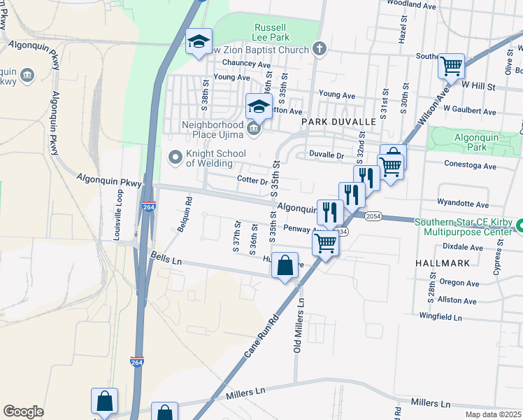map of restaurants, bars, coffee shops, grocery stores, and more near 3506 Algonquin Parkway in Louisville