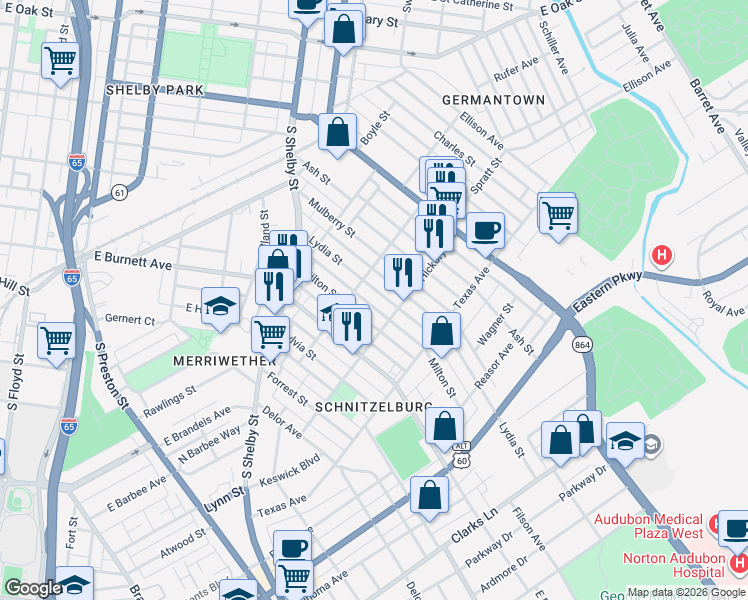 map of restaurants, bars, coffee shops, grocery stores, and more near 1016 Lydia St in Louisville