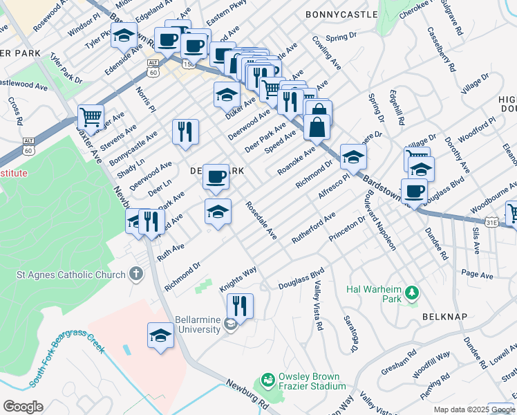 map of restaurants, bars, coffee shops, grocery stores, and more near 1887 Richmond Drive in Louisville