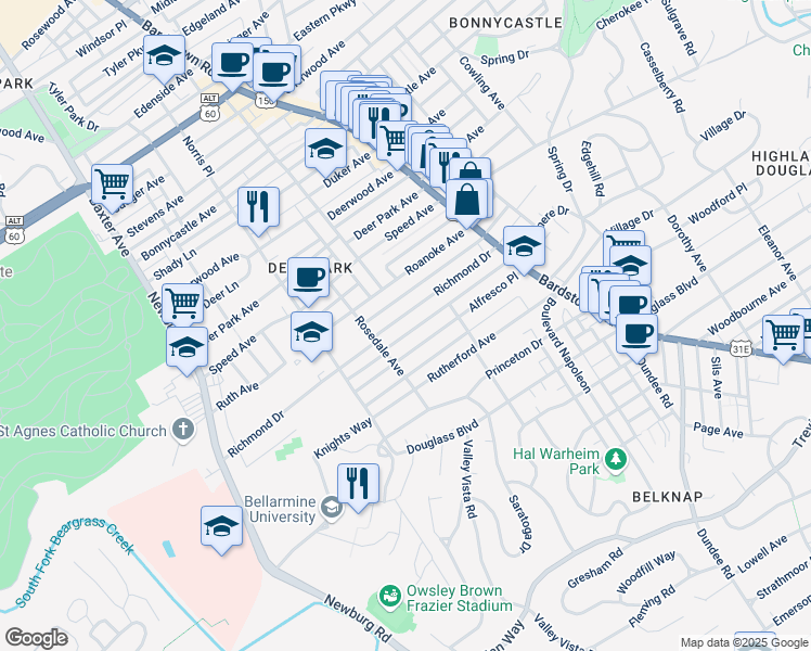 map of restaurants, bars, coffee shops, grocery stores, and more near 1898 Richmond Drive in Louisville